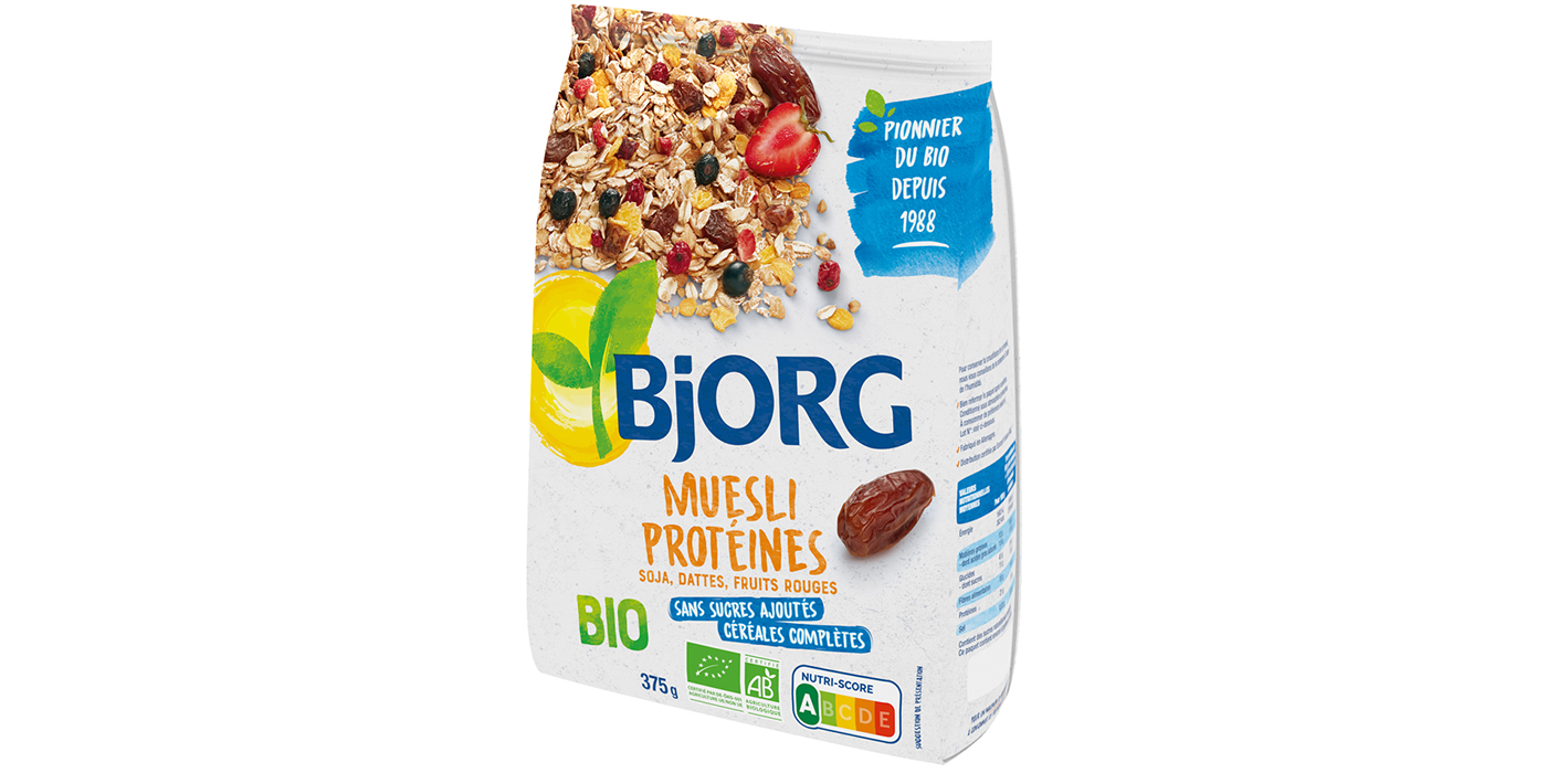 BJORG - Muesli Protéines - Soja, Dattes, Fruits Rouges Bio - Sans Sucres  Ajoutés - 375 g